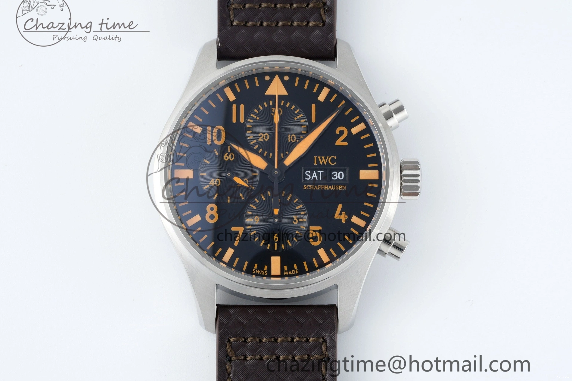 MIROTIME 0118 Pilot Chrono SS AZF 1:1 Best Edition Black Dial Orange Markers on Brown Leather Strap A EasyCare 7065
